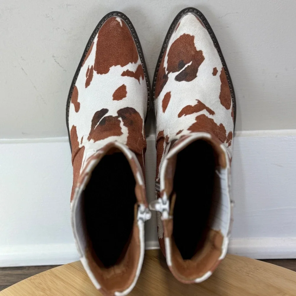 Good Arider Girl Cow Print Western Ankle Boots Women's 7 Brown White Zip Toe